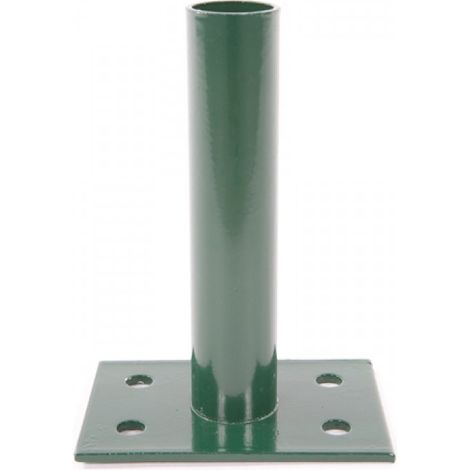 Platine pour poteau rond vert ø 45mm – Acier thermolaqué – Fixation sur muret ou dalle béton – Dimensions base 10x15cm, hauteur 21cm – Filiac