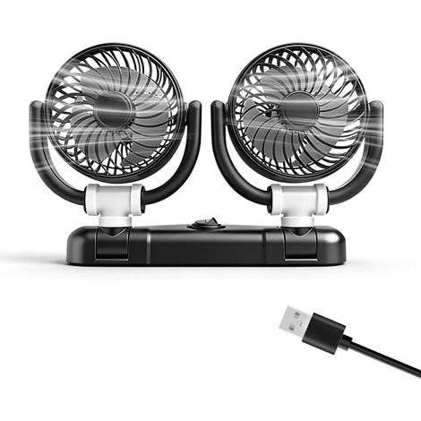 Ventilateur de voiture 5 V USB double tête Portable Rotation à 360° Double tête 2 vitesses Faible bruit Pour camion, camionnette, SUV, RV (1/5)