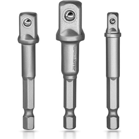 S&R Adaptateurs Porte Douilles sur Perceuse Visseuse Clés à Choc. Lot de 3 Adaptateur Mandrin pans Carré 1/4", 1/2", 3/8" en Chome Vanadium (Gris Clair) (1/5)