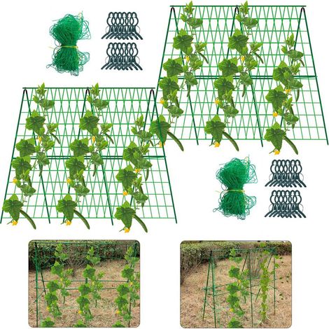 Lot de 1 treillis de jardin en métal avec cadre en A - 120 cm - Avec filet et clips - Amovible - Pour plantes en plein air - Concombre - Fleurs et légumes