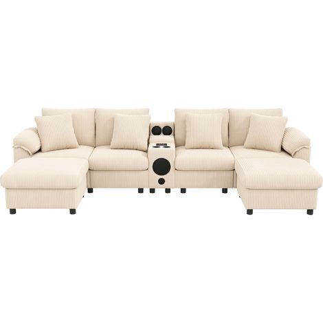 ELVMI Modulares Ecksofa mit Bluetooth, Stauraumkonsole, USB und Kabellosem Laden, aus Cord Beige 315,5 × 144 × 84,5 cm (1/5)