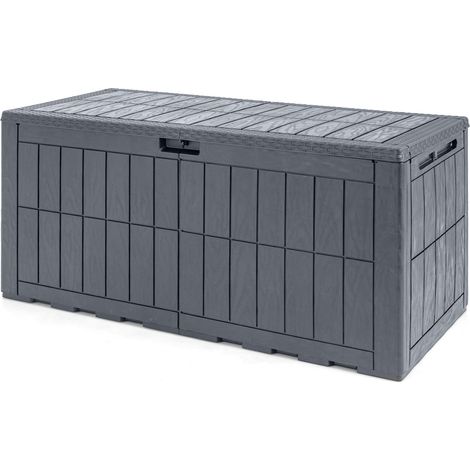 Coffre de rangement gris 454 L en PP avec couvercle, poignées, vérin hydraulique et banc pour terrasse, piscine et jardin