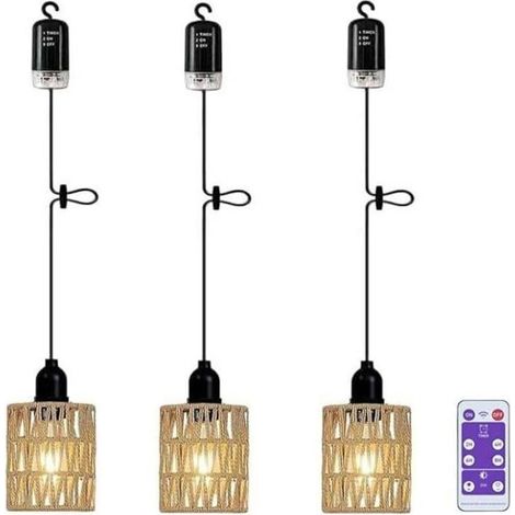 Suspension à piles, abat-jour bohème en rotin, lampe de plafond sans électricité, lampe étanche pour sous-sol, chambre, décoration de Noël, cadeau (1/5)