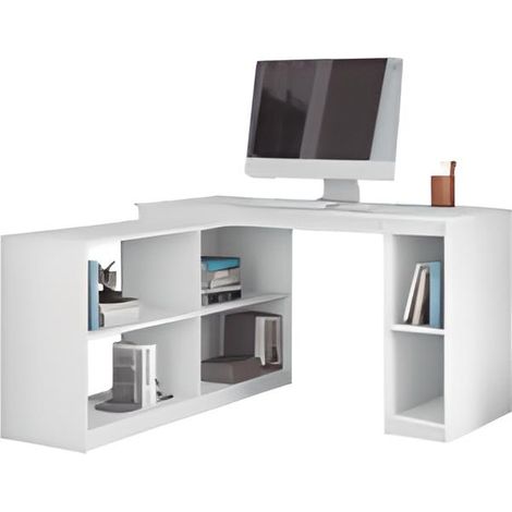 Bureau d'angle avec étagères coloris Blanc - Longueur 136 x profondeur 136 cm -PEGANE-