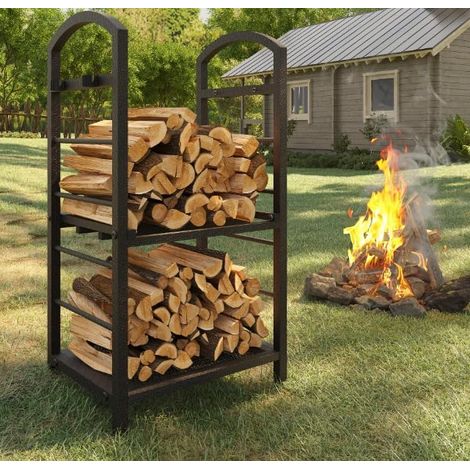 Porte-Bûches 2 Niveaux 75 cm en Métal, Support Bois de Chauffage avec Crochets pour Cheminée, Brasero, Terrasse et Jardin, Cuivre (1/5)