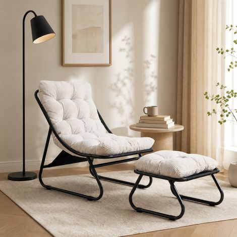 Sillón de jardín con ottoman, chaise longue de acero, cojín blanco y negro HAVRYA (1/5)