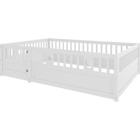 Lit à panneaux, 140 x 190 cm, lit enfant avec barrière, décoration étoiles et lune, sans sommier à lattes (sans matelas), style minimaliste, blanc (1/5)