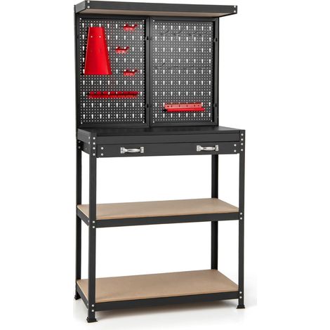 Etabli à outils rangement polyvalent 81 x 41 x 155 cm avec 14 accessoires ergonomique moderne en métal noir et rouge