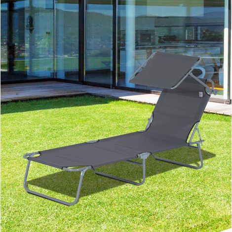 Transat pliant avec pare-soleil 187x58x36 cm gris OKMYHOME (1/4)