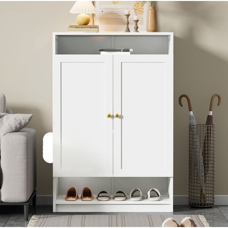 Meuble à chaussures 73x34x109 cm en panneaux de bois blanc, avec rangement pour entrée FloraGrace (1/5)