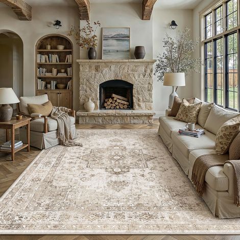 Vintage Tapis Salon Beige 200x300cm Lavable en Machine Rug Grand Antidérapant Rugs,Chambre Adulte,Descente de Lit Carpets,Salle a Manger,Bureau,Cuisine,Interieur Poil Ras Carpet (1/5)