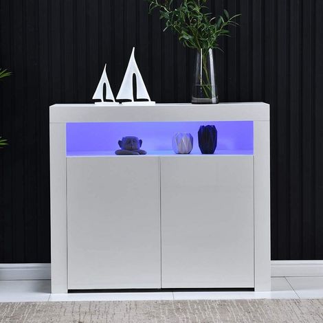 REDOM - Credenza LED 108x40x92 cm, spazio chiuso e aperto, ricarica USB, finitura lucida, MDF bianco (1/5)