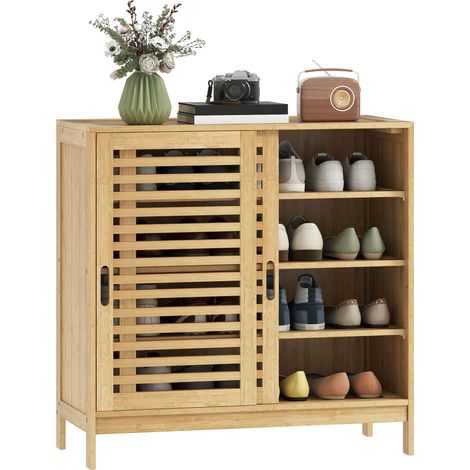 Meuble à chaussures - HOMCOM - 16 paires - 2 portes coulissantes, étagères réglables - bambou - 80x35x80cm - bois naturel