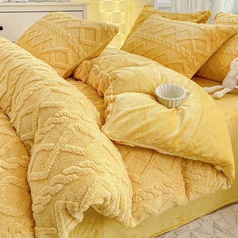 Housse de Couette Flanelle 200x230 cm,Parure de Lit Polaire Chaude Hiver,Comprend 1 Drap 250×230 et 2 Taies d’Oreiller,Jaune (1/5)