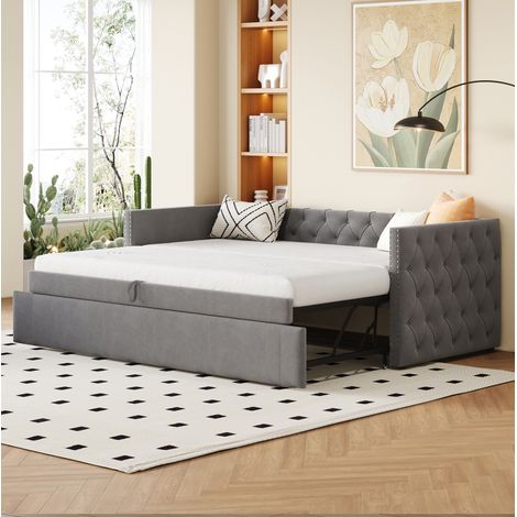Cama sofá tapizada clásica 90x200 cm gris, terciopelo, con somier de láminas extensible (1/5)