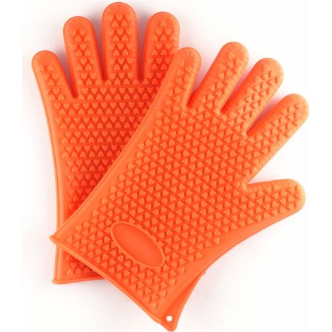 2 guanti da cucina in silicone per cucina e barbecue, set, coppia, presine, guanti da forno, nero-arancione (1/5)