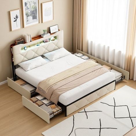 Doppelbett 160x200 cm - Metall und Beige Samt - 4 Schubladen - Eingebaute LED - Kopfteil mit Stauraum