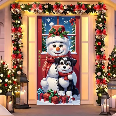 Nouveaux rideaux de porte de Noël, décorations festives, drapeaux, fanions d'extérieur - 90 x 180 cm (perforés + ruban) - Lot de 3