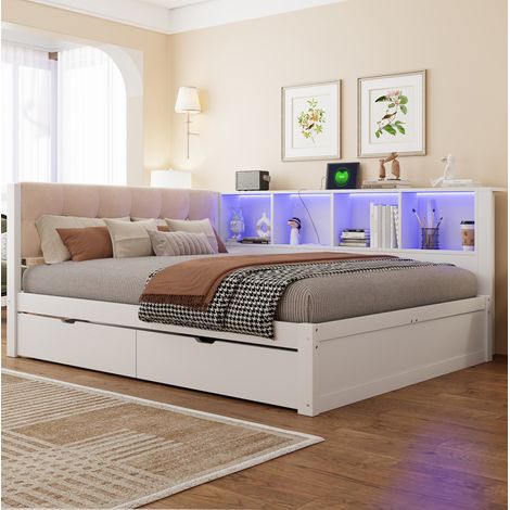 Lit adulte 140x200 cm en bois blanc, avec rangement pour chambre, sans matelas FloraGrace (1/5)