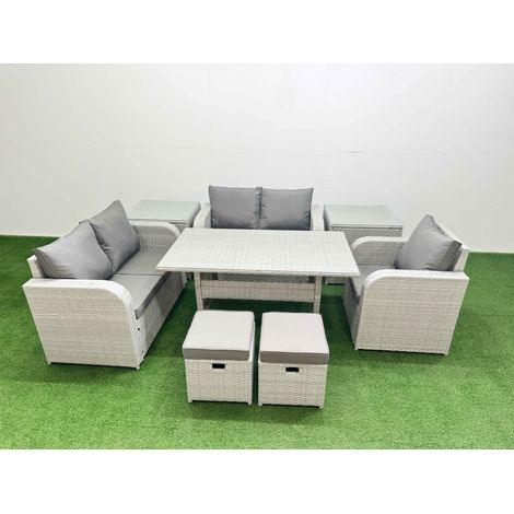 Fimous High Back Poly Rattan Garden Furniture Set with Reclining Chair Loveseat Sofa Rectangular Dining Table Indoor Outdoor Patio Set 2 Stool 2 Side Table Light Grey (1/4)