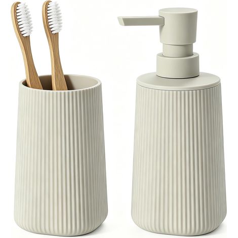 Lot de 2 accessoires de salle de bain - Distributeur de savon de 250 ml et gobelet à dents - Design moderne rainuré en plastique ABS - Pour lavabo et étagère de salle de bain - Beige (1/5)