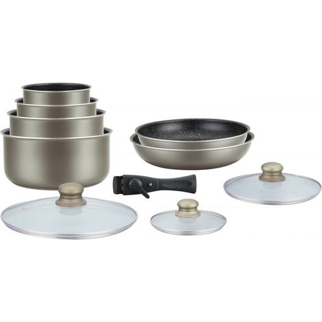Batterie de cuisine revêtement pierre 10 pièces – Poignée amovible – Compatible induction – Nettoyage facile au lave-vaisselle – Fond épais pour chaleur homogène – Hagen