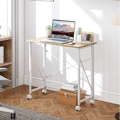 Bureau pliant à roulettes 80x40x75 cm en bois et métal naturel, gain de place pour bureau FloraGrace (1/5)
