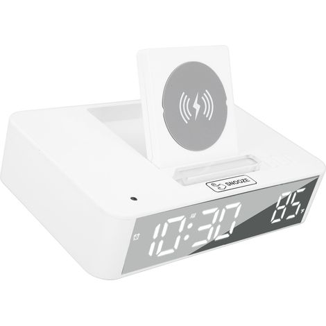 Réveil numérique 10 W avec miroir LED relevable et chargeur sans fil 10 W, idéal pour la chambre, le bureau ou la maison (EN001, blanc). (1/5)