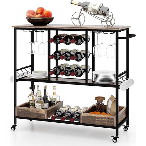 COSTWAY Carrello Bar a 3 Livelli, Carrello Portabevande con Portabicchieri, Portabottiglie, 8 Ganci e 2 Scatole Portaoggetti, Carrello di Vino per Cucina, Sala da Pranzo e Soggiorno (1/5)