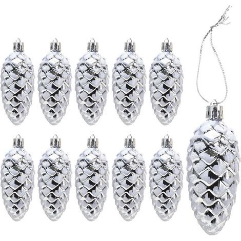 Lot de 10 Grandes Pomme de Pin Déco Noel - Scintillant Décoration Sapin de Noël Argenté - Plastique Boules de Noël (Argent) (1/5)
