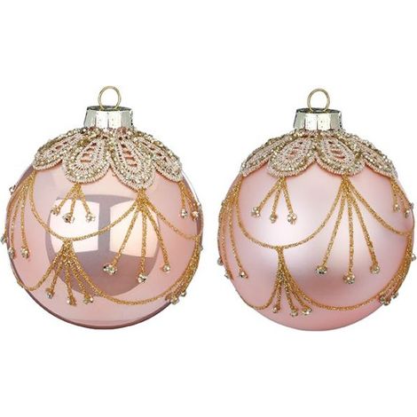 PALLINA IN VETRO ROSA PERLATO CON DECORI STILE PIZZO IN ORO PREZZO CAD UNO