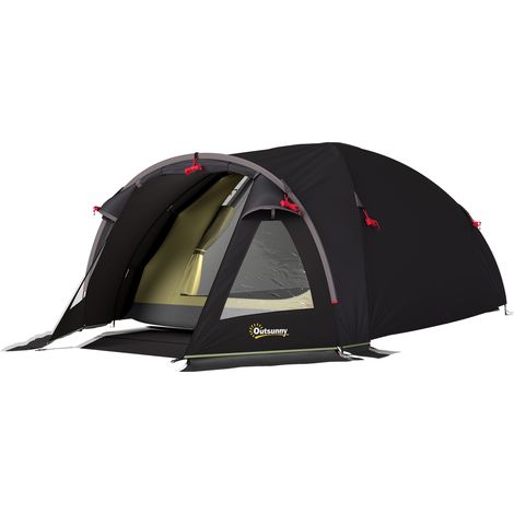 Tente tunnel 2 personnes avec fenêtres latérales et crochet, polyester 190T et polyéthylène, 3,3 x 1,9 x 1,2 m, noire.