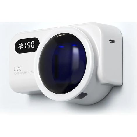 Wandmontierter Zahnbürstenhalter fürs Badezimmer mit Selbstreinigungs- und 30-Minuten-Trocknungsfunktion, LED-Anzeige und Platz für zwei Zahnbürsten. (1/5)