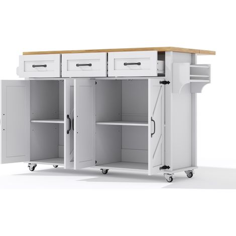 Îlot de cuisine blanc avec plateau rabattable, 4 portes, 3 tiroirs, roulettes verrouillables, style grange, 140x43(70)x90,5 cm (1/5)