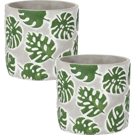 KOTARBAU Lot de 2 pots de fleurs en béton décoratif Motif feuille de fenêtre Monstera 14 cm (1/5)