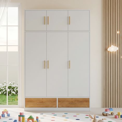 Armoire à trois portes avec compartiment supérieur, armoire de chambre à coucher à trois portes avec penderie et tiroirs, meubles de chambre à coucher, armoire autoportante, blanc, 120x50x180 cm (1/5)