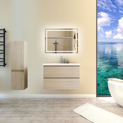Ensemble de meubles de salle de bain Brillance Chêne 80cm, Vasque Céramique + 110cm Colonne + Miroir Lumineux avec 3 Couleurs
