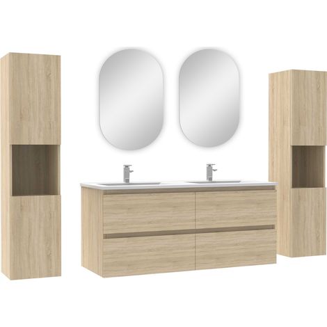 Ocean ensemble meubles Salle de Bain avec colonne et miroir ovale mural 120cm meuble Chêne Wotan (1/4)