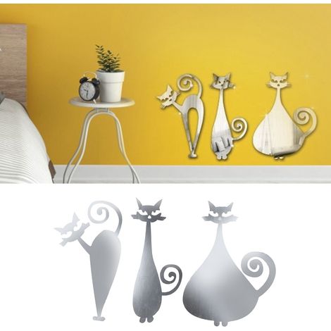 Autocollant mural miroir chat argenté, décalcomanie cartoon pour salon chambre à coucher, décoration maison DIY (1/5)