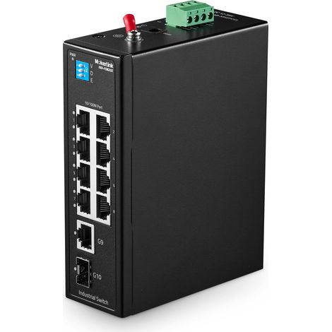 10 Port Industrial Din Rail Switch, 8 Ports 100Mbps,1 Gigabit Ethernet and 1 SFP Uplink, DIN-Rail (1/5)