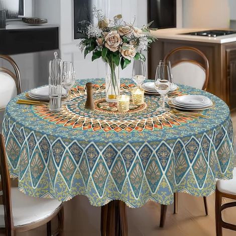 Nappe ronde de 120 cm, infroissable et antitache, imperméable, idéale pour les repas de famille en cuisine. (1/3)