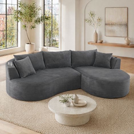 Divano angolare 3 posti con chaise longue destra in velluto a coste grigio, DESVIAE (1/5)