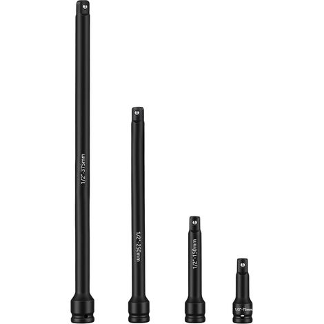 Lot de 4 rallonges de clé à douille 1/2" en acier au chrome-molybdène - 75-370 mm - Noir - Pour visseuse à percussion industrielle et outils pneumatiques (1/5)