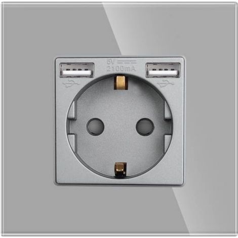 Base enchufe EU 16A + cargador rápido USB A+A,  KOOB frontal cristal gris (1/5)