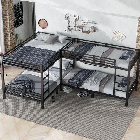 Letto a castello moderno in metallo nero 90x200 cm & 140x200 cm con rete a doghe stabile e scala a 3 gradini (1/5)