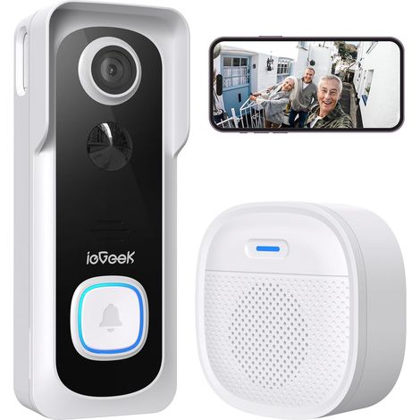 Iegeek – Sonnette de porte avec caméra sans fil 1080P FHD – Audio à 2 voies – Détection de mouvement – Carillon intérieur sans fil – IP66
