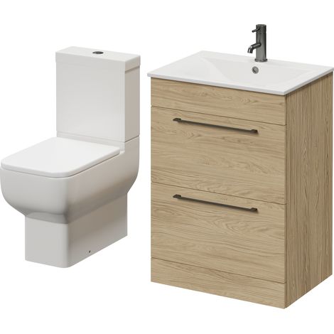 Napoli 460 Light Oak 600mm 2 Drawer Vanity Unit and Tacoma Comfort Height Toilet Suite with Angel Basin - 600mm - Gunmetal Grey 320mm Handle
