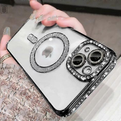 Luxuriöse, transparente Hülle mit Kristall- und Diamantbesatz, kompatibel mit iPhone 15, 11, 12, 13, 14 Pro Max und Plus. Funkelnde, glänzende Oberfläche, kompatibel mit kabellosem MagSafe-Laden. Farb (1/5)