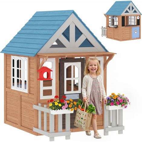 Spielhaus aus Holz für Kinder, drinnen und draußen spielbar, mit Katzenklappe, Spielküche, braun