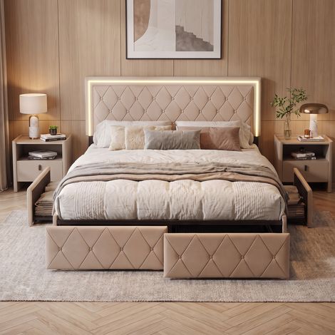 Superaly Lit double capitonné 160 x 200 cm avec 4 tiroirs, Tête de lit capitonnée à boutons réglable en hauteur, Éclairage LED, Sommier à lattes, Convient aux adolescents et aux adultes, PU, Beige (1/5)